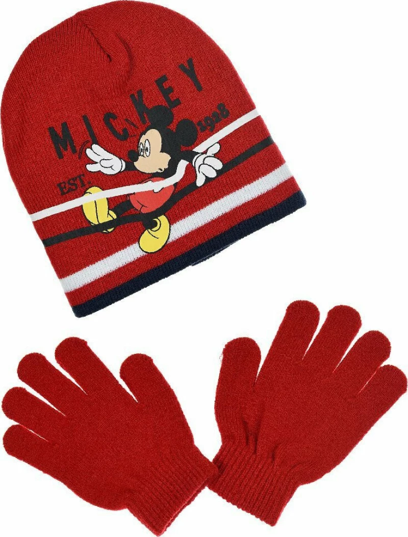 Σετ σκούφος και γάντια "Mickey stripes" κόκκινο (Κόκκινο)