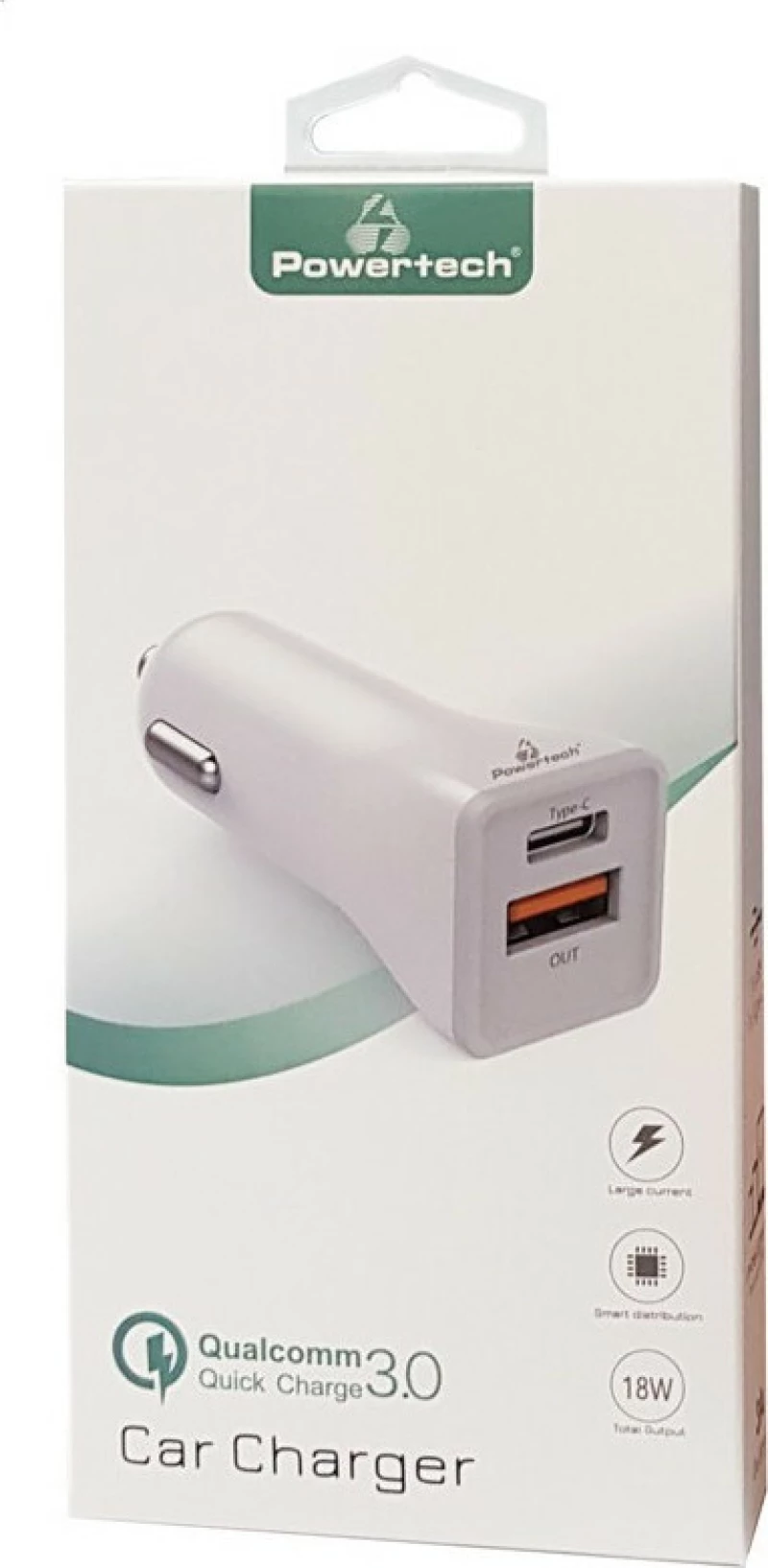 Powertech Φορτιστής Αυτοκινήτου Pt-712, 1X Usb, 1X Type-C, 3A, Λευκό