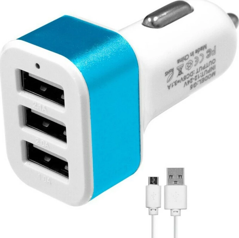 GloboStar Φορτιστής Αυτοκινήτου 3.1A με Θύρες: 3xUSB μαζί με Καλώδιο type-C Μπλε