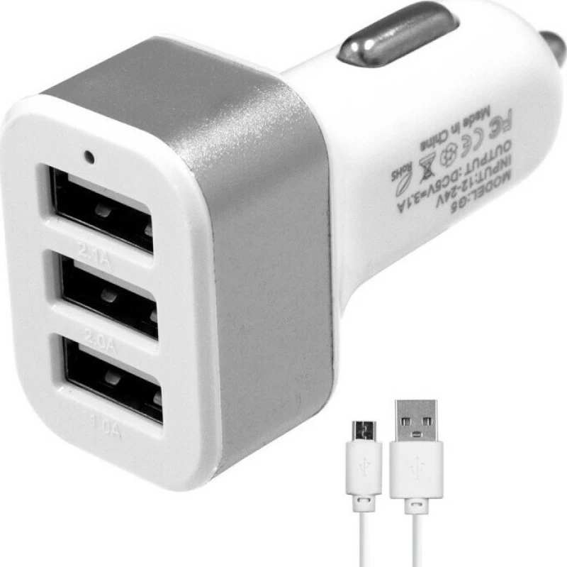GloboStar Φορτιστής Αυτοκινήτου 3.1A με Θύρες: 3xUSB μαζί με Καλώδιο type-C Ασημί