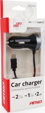AMiO Φορτιστής Αυτοκινήτου 2.4A με Θύρες: 2xUSB μαζί με Καλώδιο type-C