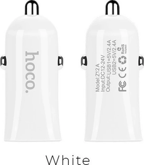 Φορτιστής Αυτοκινήτου Hoco Z12 Elite Dual Usb 5V 2.4A Λευκός
