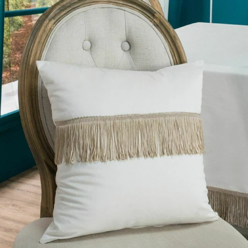 Teoran Διακοσμητική Μαξιλαροθήκη 45x45 Velvet Με Κρόσια 01 Ivory
