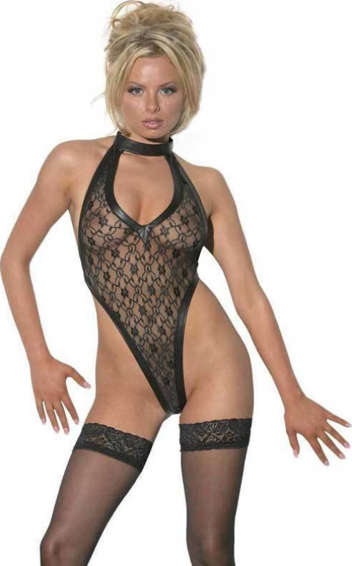 Allure Lingerie AL4-160 Leather & Lace Teddy Black