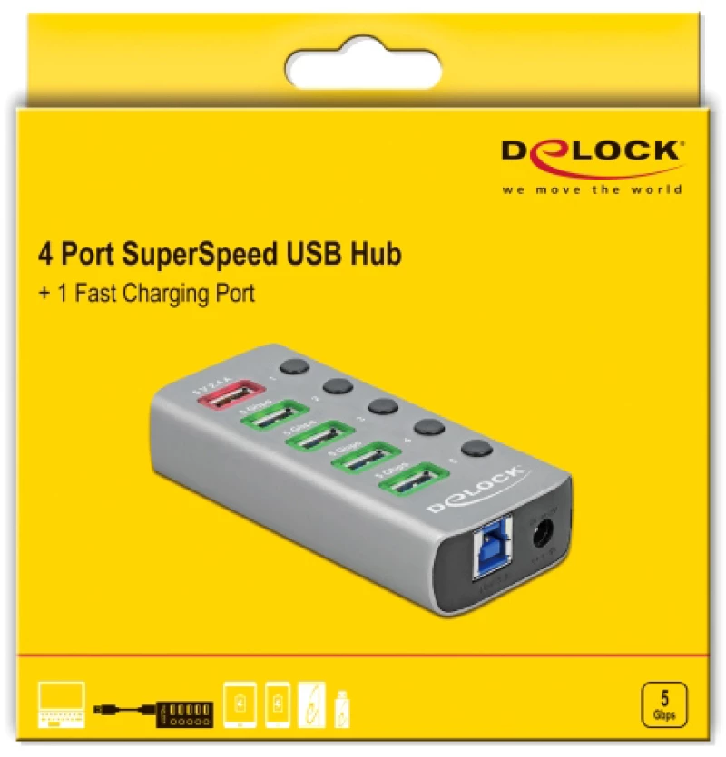 Delock Usb Hub Με Διακόπτες 63262, 5x Usb, 5gbps, 2.4a, Γκρι