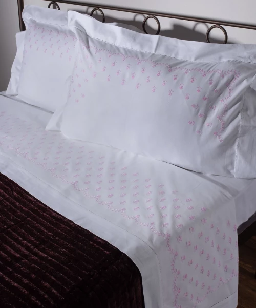 Χειροποιητο Σεντονι Με Κεντημα 2806b Τεσσαρων Τεμαχιων (225cm X 270cm) Λευκο Ροζ - -