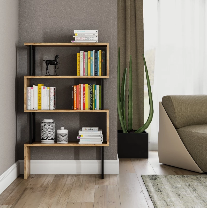 Βιβλιοθηκη Ingrid Καρυδι Με Μαυρο Σκελετο Hm8867.01 80x22x128 Εκ.