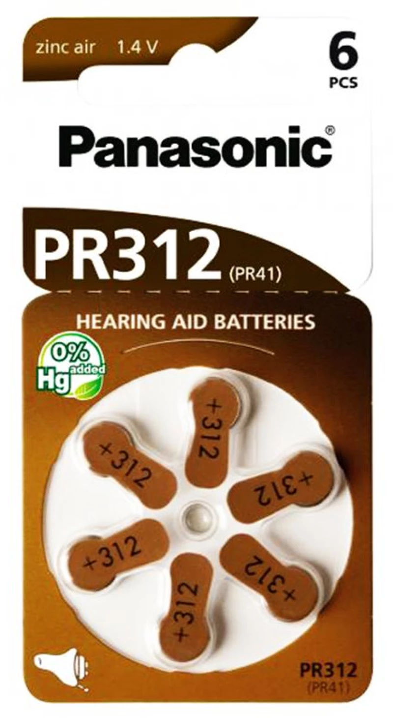 Panasonic Μπαταρίες Ακουστικών Βαρηκοΐας Pr312, Mercury Free, 1.4v, 6τμχ