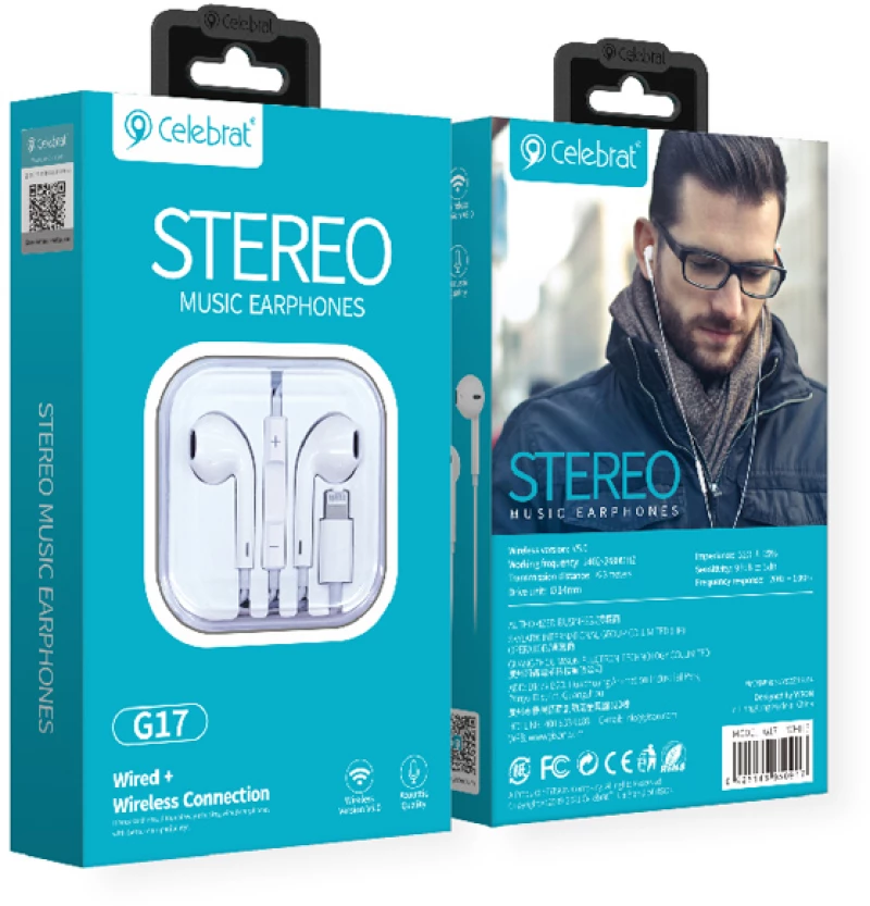 CELEBRAT earphones με μικρόφωνο G17  Lightning  1.2m  λευκά