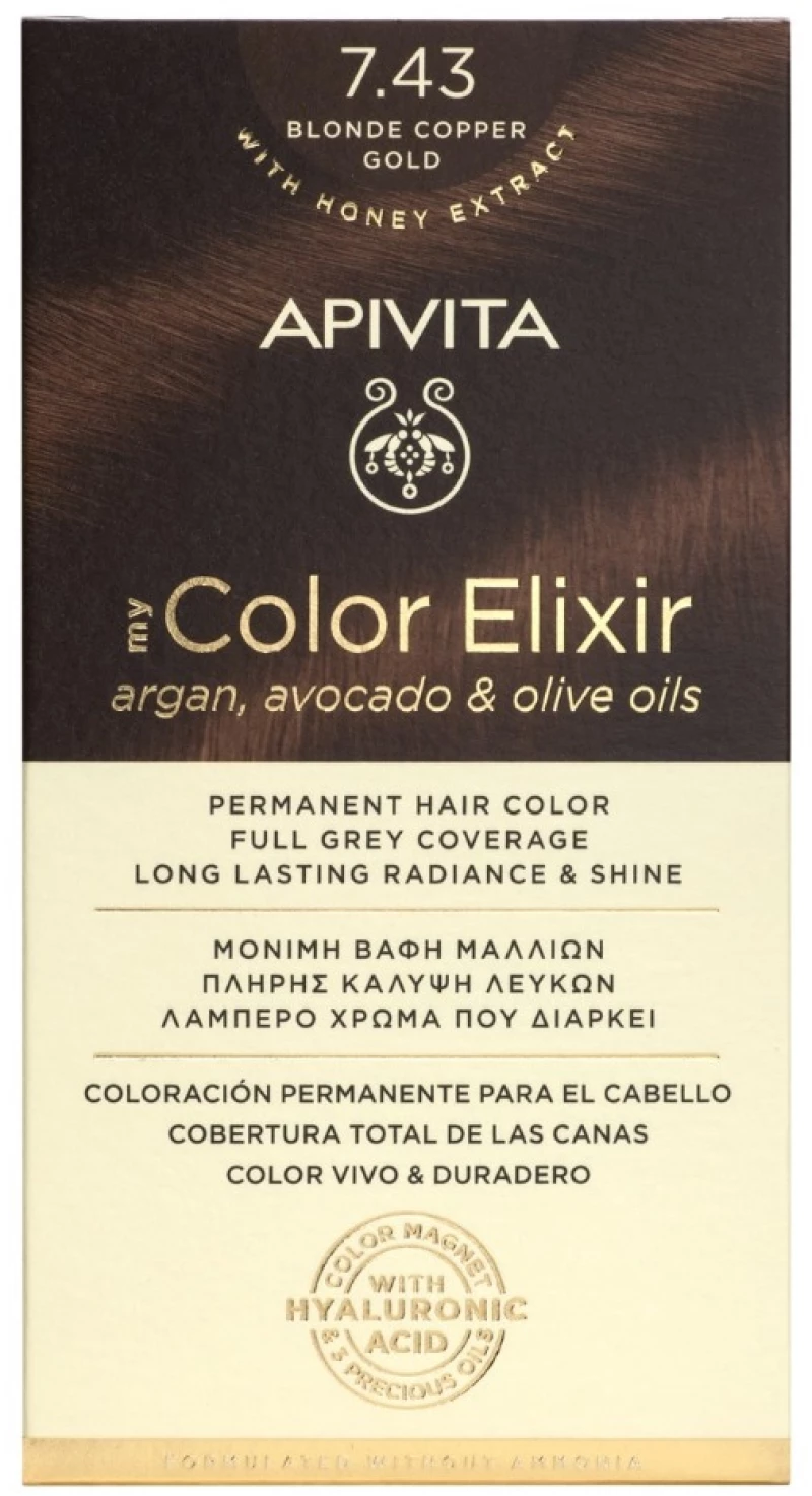 Apivita | My Color Elixir Μόνιμη Βαφή Μαλλιών No 7.43 Ξανθό Χάλκινο Μελί | 50ml