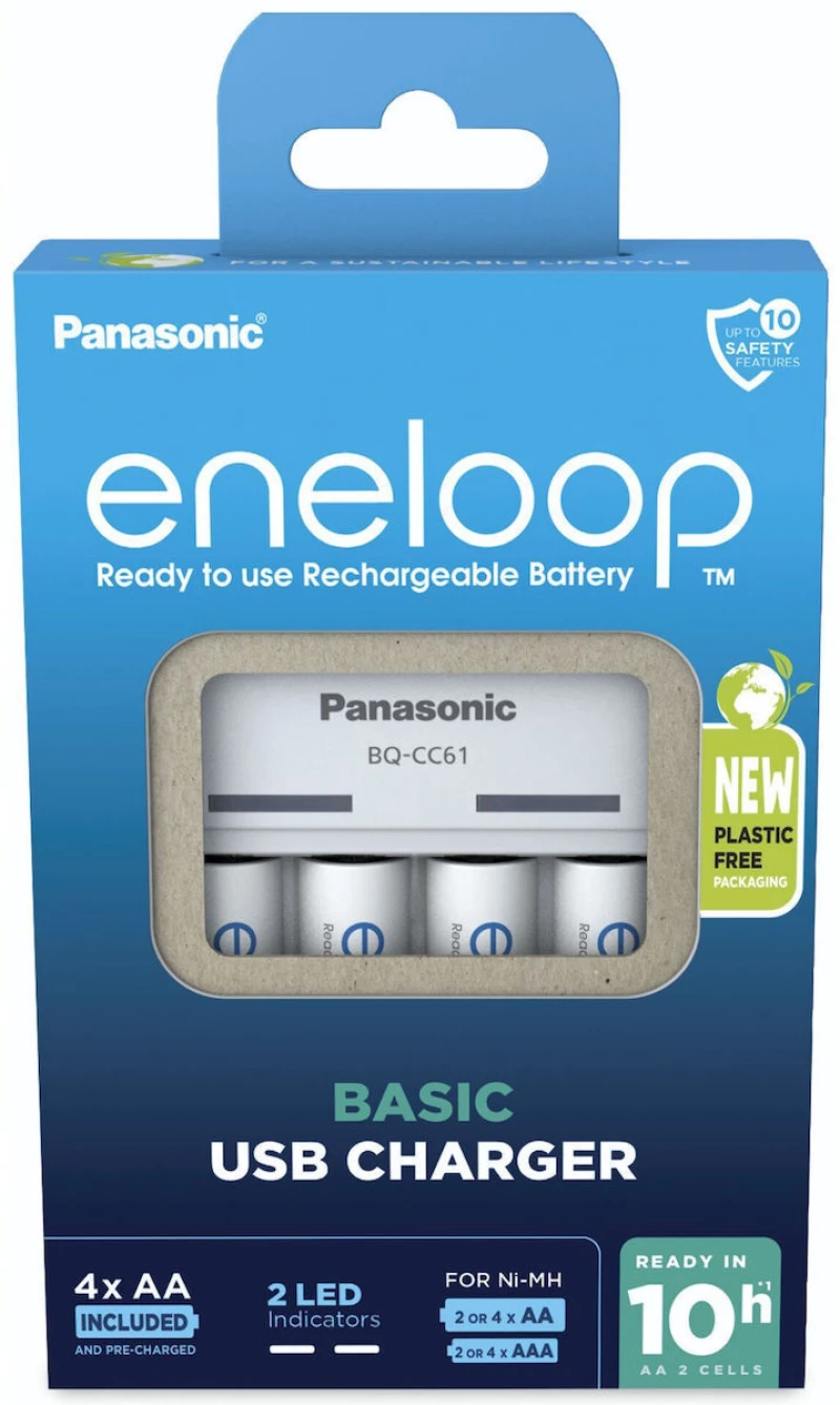 Panasonic Eneloop Basic BQ-CC61 USB USB Φορτιστής 4 Μπαταριών Ni-MH Μεγέθους AA/AAA Σετ με 4x AA 2000mAh σε Λευκό χρώμα