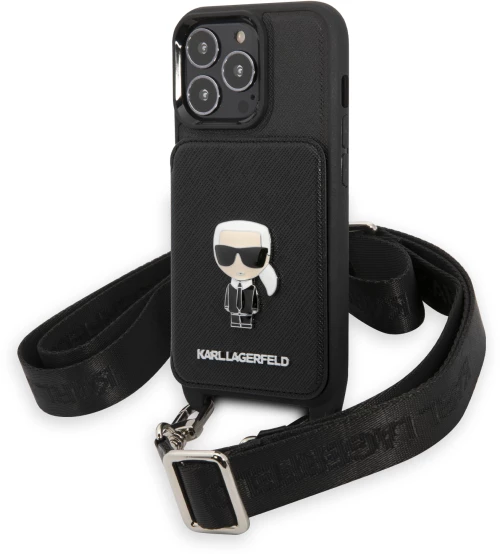 Karl Lagerfeld Crossbody Metal Ikonik Saffiano Hard Case Karl's Head Θήκη προστασίας από δερματίνη με λουράκι – iPhone 13 Pro (Μαύρο - KLHCP13LSAIPCK)