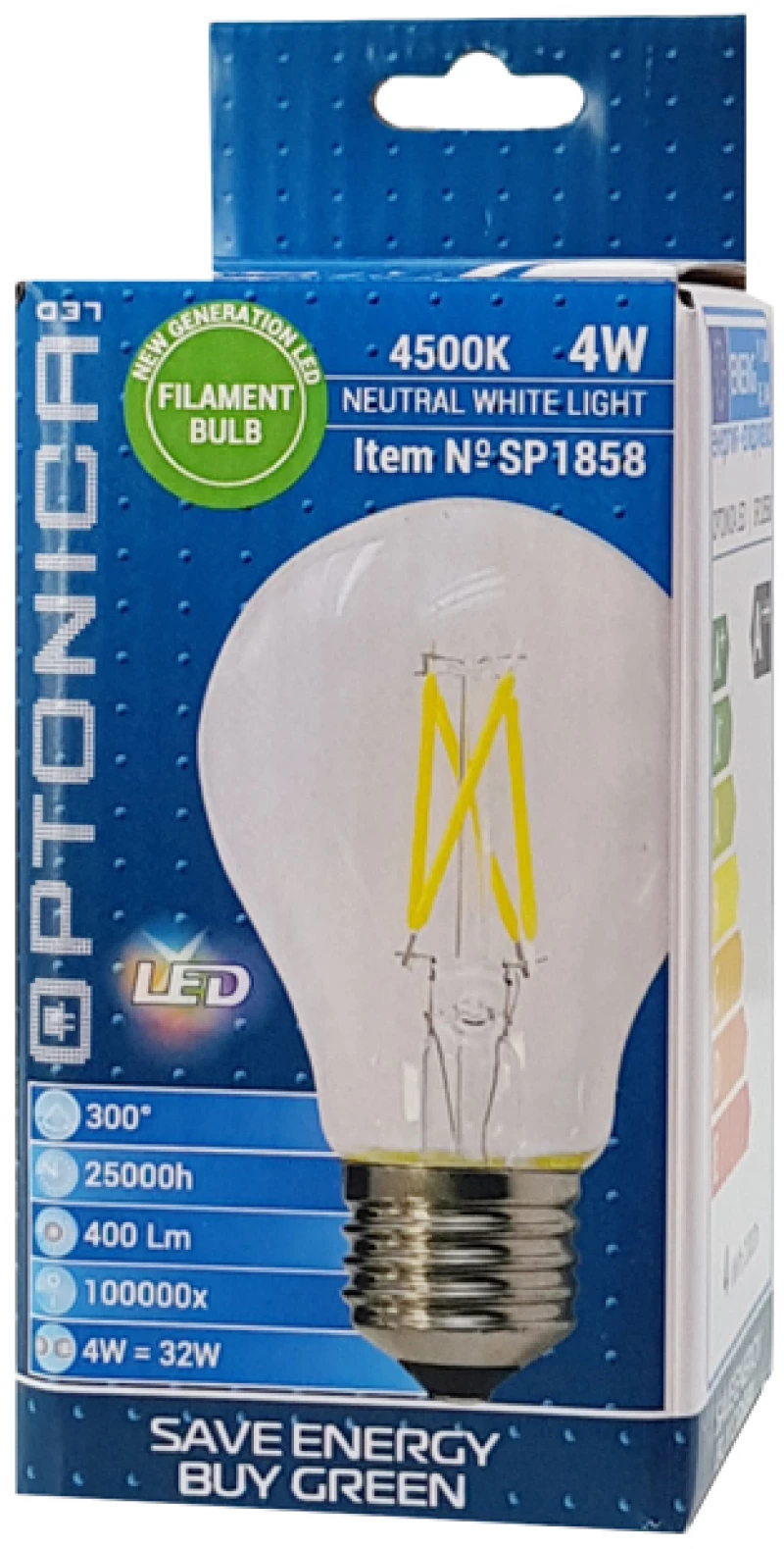 OPTONICA LED λάμπα A60 Filament 1858, 4W, 4500K, E27, 400lm
