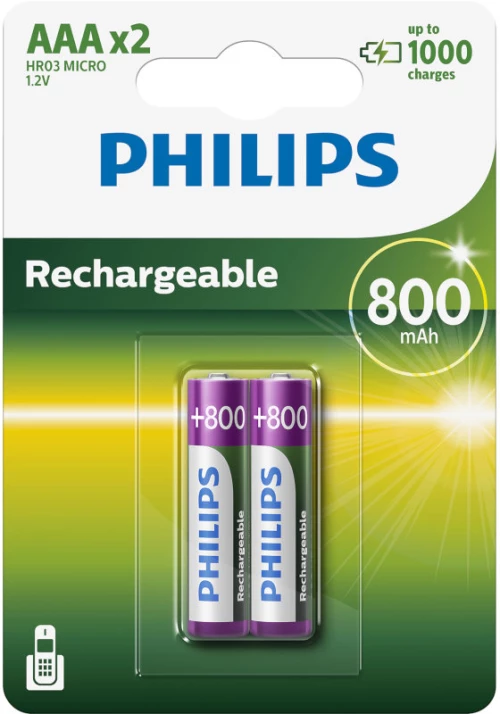 Philips R03B2Α80/GRS Επαναφορτιζόμενες μπαταρίες προ-φορτισμένες Ni-Mh 2 τμχ HR03 AAA 800 mAh 1.2 V