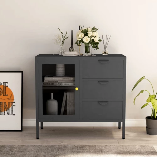vidaXL Μπουφές Ανθρακί 75 x 35 x 70 εκ. από Ατσάλι και Ψημένο Γυαλί N/A Ανθρακί