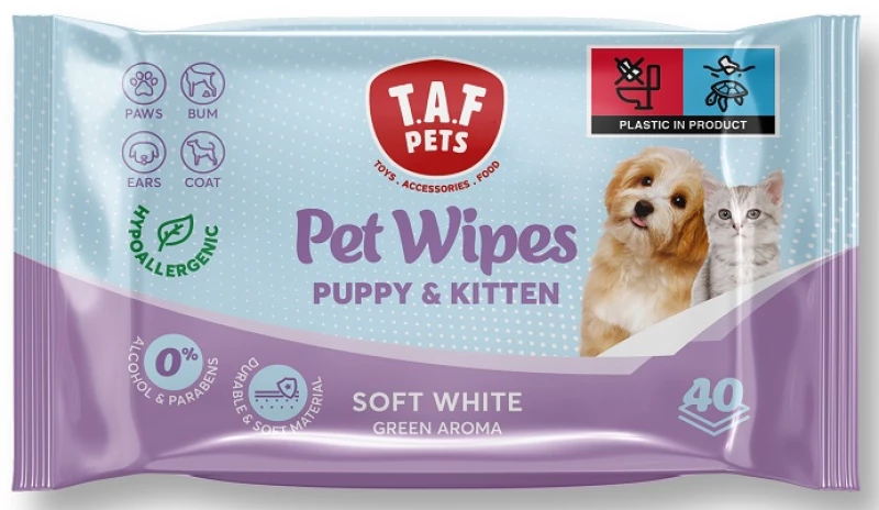 Μαντηλάκια Καθαρισμού TAf Pet Puppy & Kitten Soft White 40τμχ