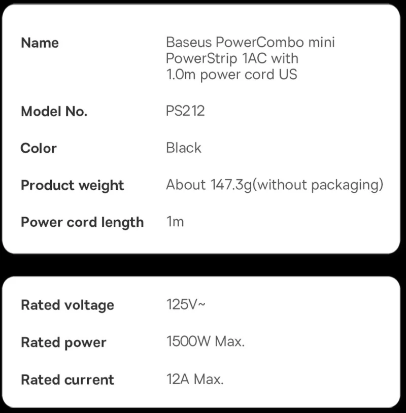 Baseus PowerCombo cable  extension cord with mini power strip 1m black EU and UK power adapter PSMN000301