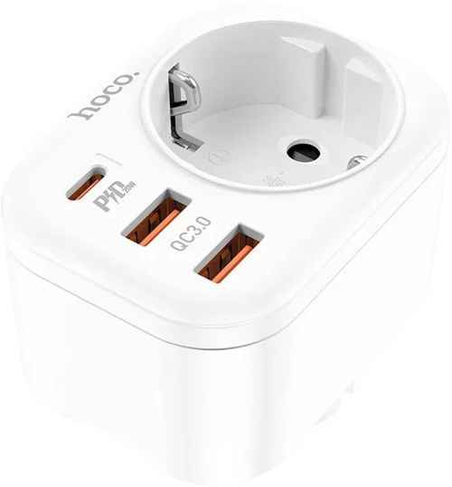 Charger HOCO NS3 (2xUSB 1xUSB-C 1xEU socket 3A 20W) white