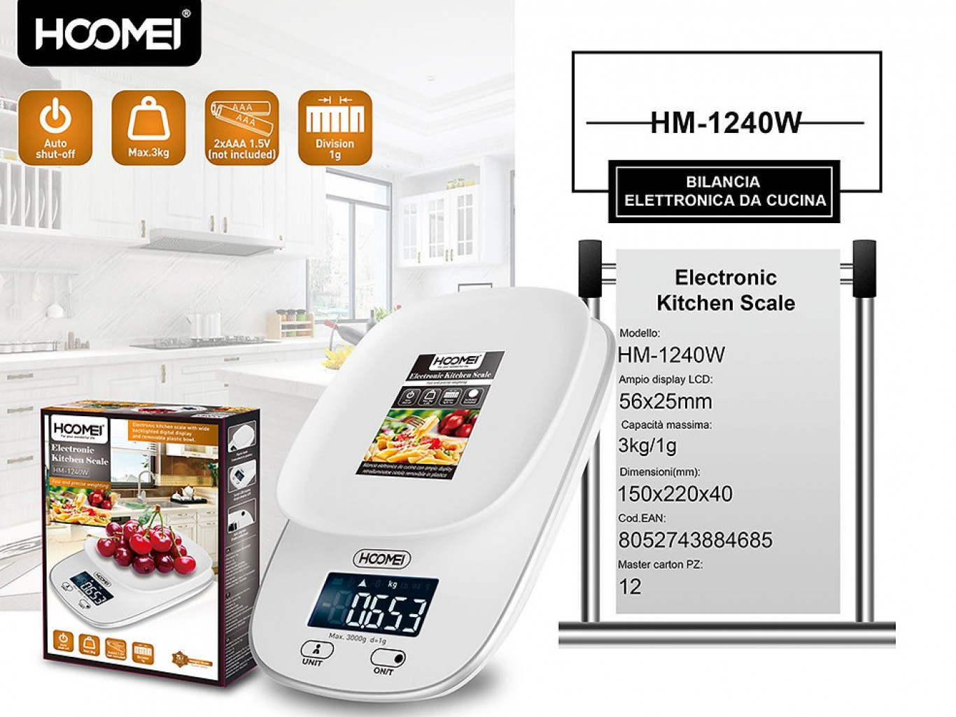 Ψηφιακή Ζυγαριά Κουζίνας  Ακριβείας με Μπολ και Οθόνη LCD HM-1240W