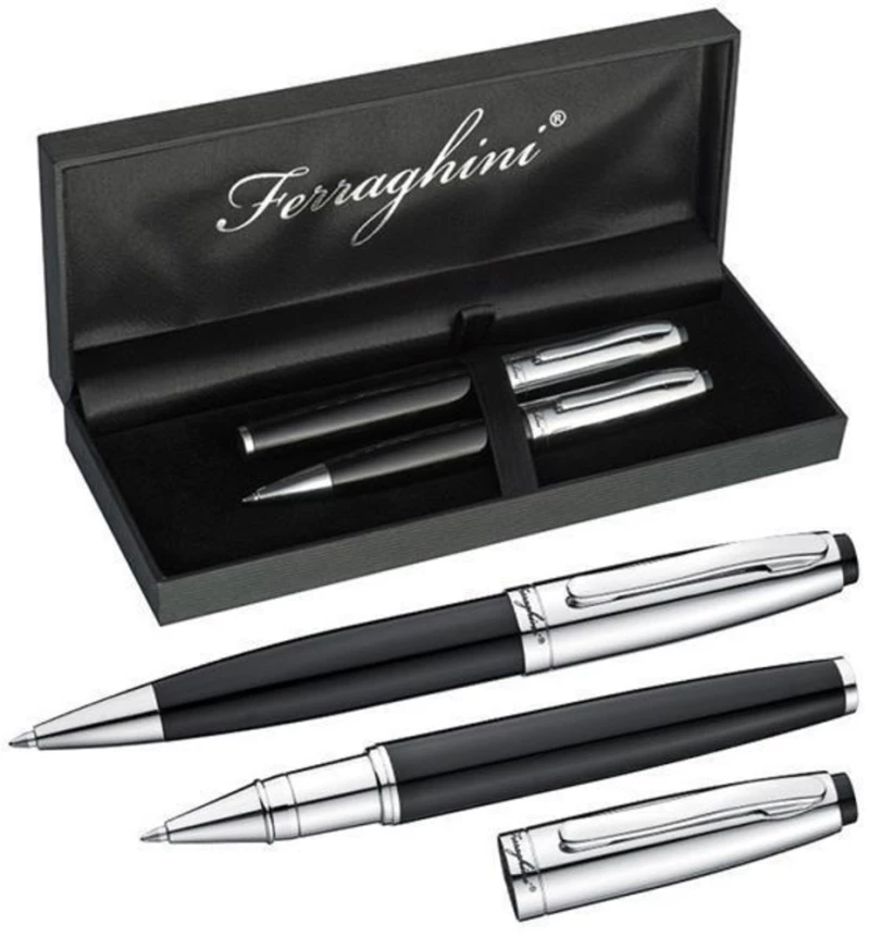 254626 Σετ στυλό Ferraghini ball pen-rolleball pen μαύρο-ασημί
