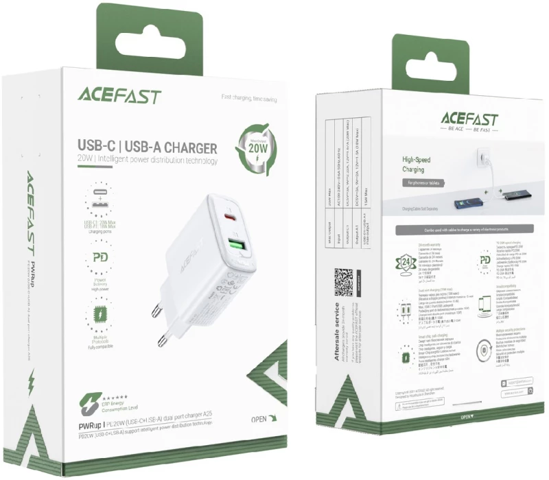 Φορτιστής Ταξιδίου Acefast A25 Fast Charging2xUSB-C+USB-A PD20W QC3.0/QC2.0 5V/3A Λευκός