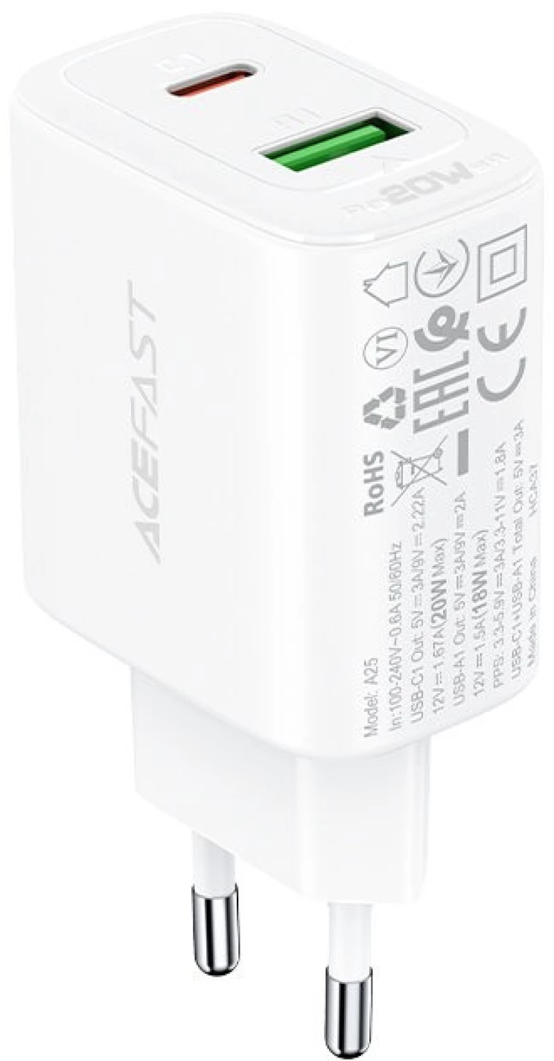 Φορτιστής Ταξιδίου Acefast A25 Fast Charging2xUSB-C+USB-A PD20W QC3.0/QC2.0 5V/3A Λευκός