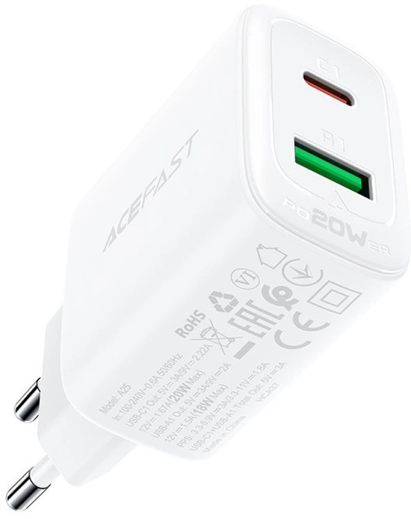 Φορτιστής Ταξιδίου Acefast A25 Fast Charging2xUSB-C+USB-A PD20W QC3.0/QC2.0 5V/3A Λευκός