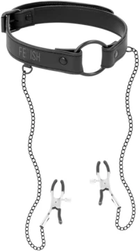FETISH SUBMISSIVE RING GAG WITH NIPPLE CLAMPS