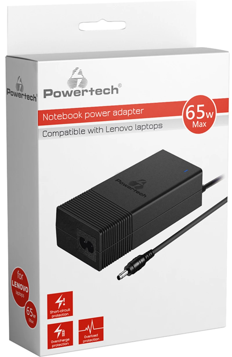 POWERTECH τροφοδοτικό laptop PT-1038 για Lenovo  65W  1.8m  μαύρο