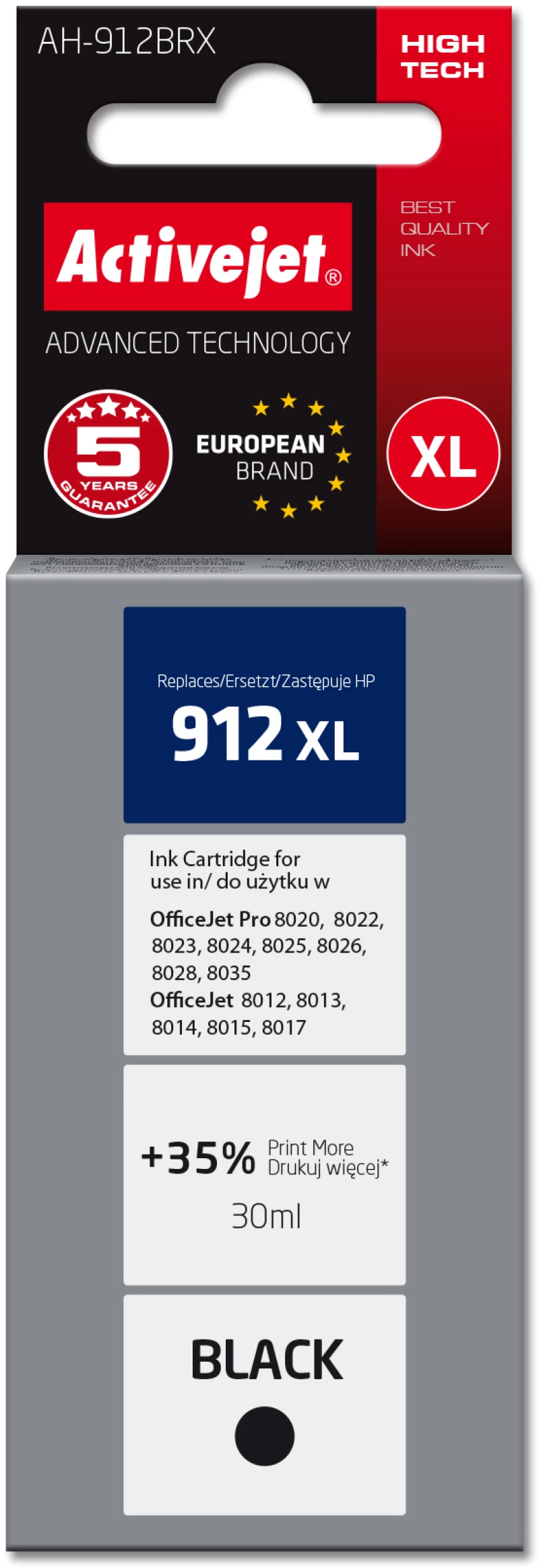 Activejet AH-912BRX ink for HP printers, Replacement HP 912XL 3YL84AE; Premium; 1100 pages; black