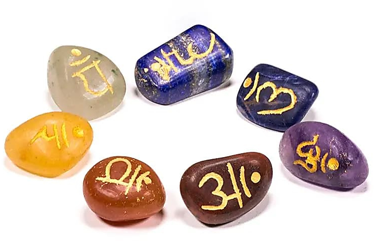 Χειροποίητοι Ημιπολύτιμοι Λίθοι Chakra με Σανσκριτικά Σύμβολα Σετ των 7
