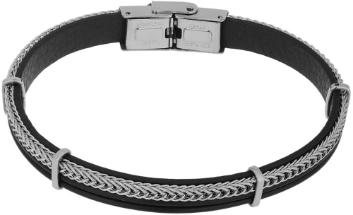 Βραχιόλι Ανδρικό με Δέρμα και Ατσάλι 316L σε Ασημί και Μαύρο Χρώμα / Μήκος 21 cm / Φάρδος 7,80 mm / VISETTI / DI-BR066B