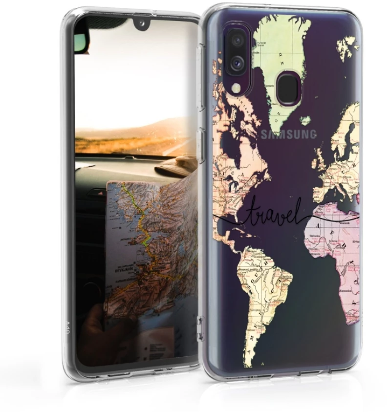 KW TPU Silicone Case Samsung Galaxy A40 - World Map Travel - Black / Multicolor / Transparent  (48542.05)