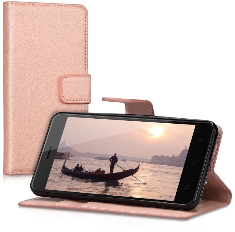 Samsung Galaxy A6 2018  - Δερμάτινη Αναδιπλούμενη Book Case με Ενσωματωμένη Θήκη Σιλικόνης – Gold Rose