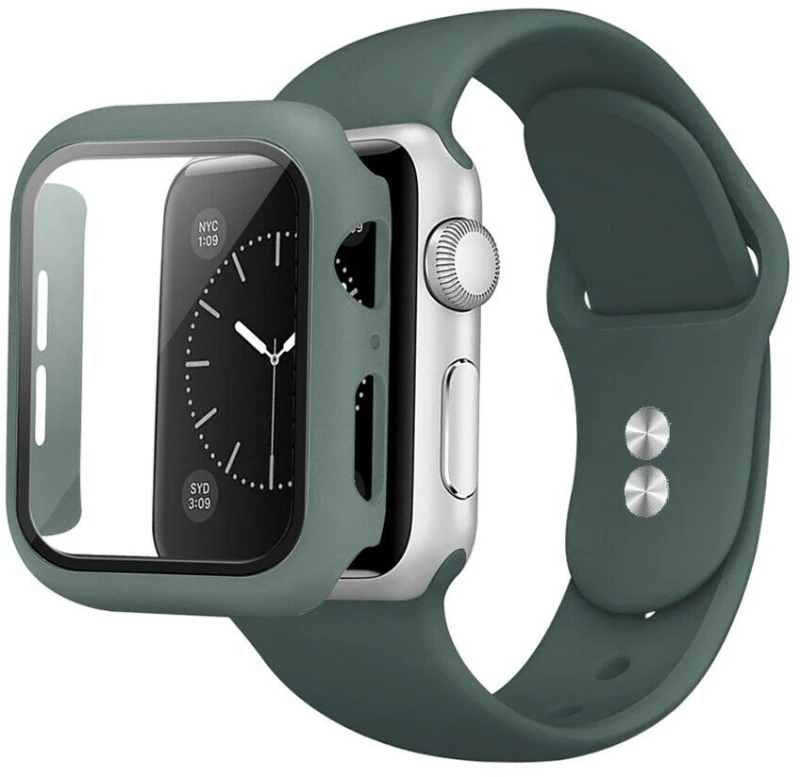 2 in 1 Silicone Strap Watch Band & Protective Case Cover With Tempered Glass Size 40/44- Pine Green (oem)