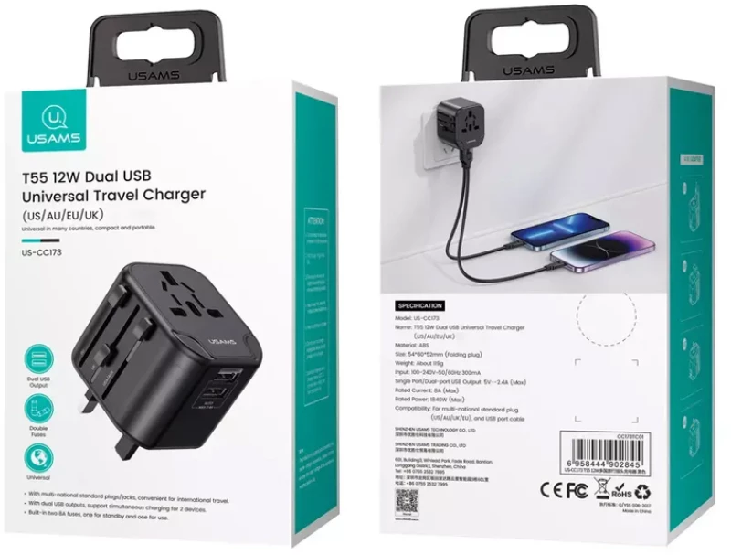 USAMS φορτιστής/αντάπτορας πρίζας US-CC173 2x USB, universal, 12W, μαύρο