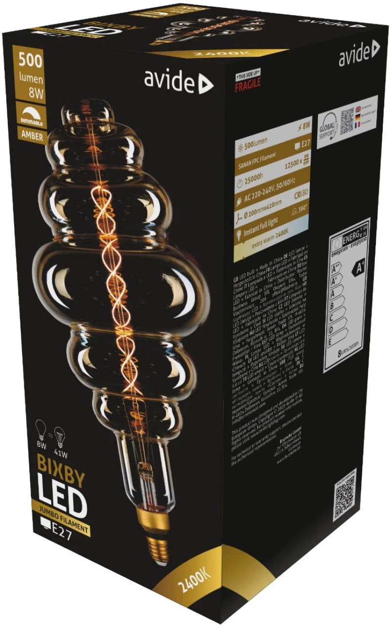 Avide LED Jumbo Bixby Κεχριμπάρι 8W E27 2400K Ντιμαριζόμενο 200x410mm