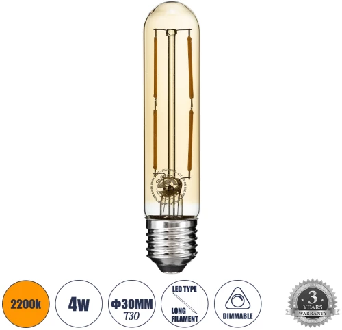 GloboStar® 99049 Λάμπα LED Long Filament E27 T30 Σωλήνας 4W 350lm 360° AC 220-240V IP20 Φ3 x Υ13.5cm Ultra Θερμό Λευκό 2200K με Μελί Γυαλί - Dimmable - 3 Years Warranty