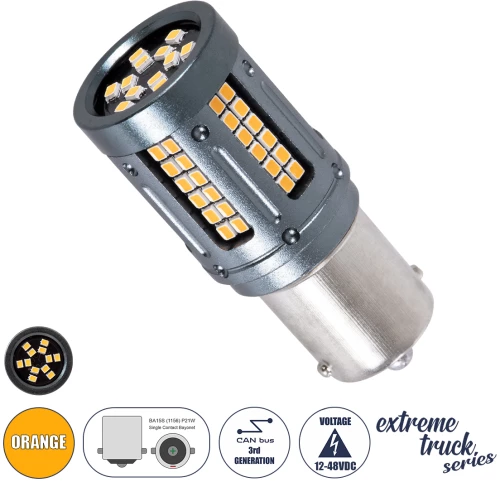 GloboStar® 81271 Λάμπα Αυτοκινήτου & Φορτηγού LED 1156 - BA15S - P21W 3rd Generation Can-Bus Extreme Truck Series 84xSMD3030 9.6W 1152lm 360° DC 12-48V IP20 Φ2 x Υ5cm Πορτοκαλί