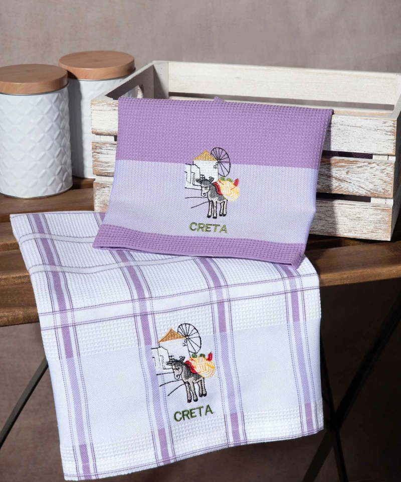 Σετ 2 τεμαχίων ποτηρόπανα (50cm x 70cm) ανεμόμυλος λιλά CRETA - -