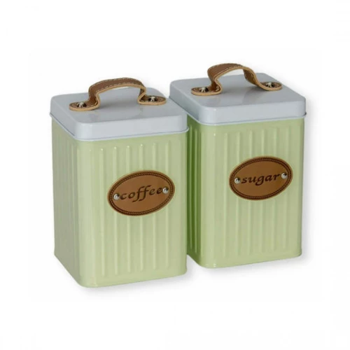 Σετ Στρογγυλά Μεταλλικά Δοχεία για Καφέ & Ζάχαρη με Δερμάτινες Λεπτομέρειες - Πράσινο