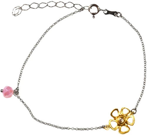 Χειροποίητο ασημένιο βραχιόλι Eight-BR-00036 λουλούδι από ροδιωμένο και επιχρυσωμένο ασήμι 925ο με ημιπολύτιμες πέτρες (κρύσταλλοι quartz και ζιργκόν)