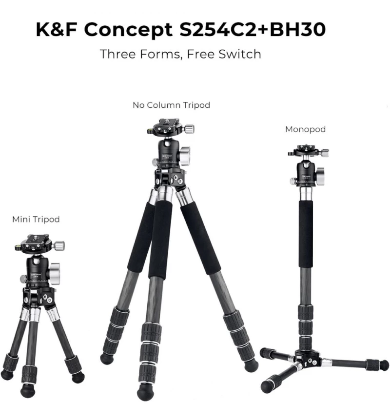 K&F Concept S254C2+BH30 Lightweight Carbon Fiber Tripod, Detachable Monopod, Mini Tripod (KF09.113)