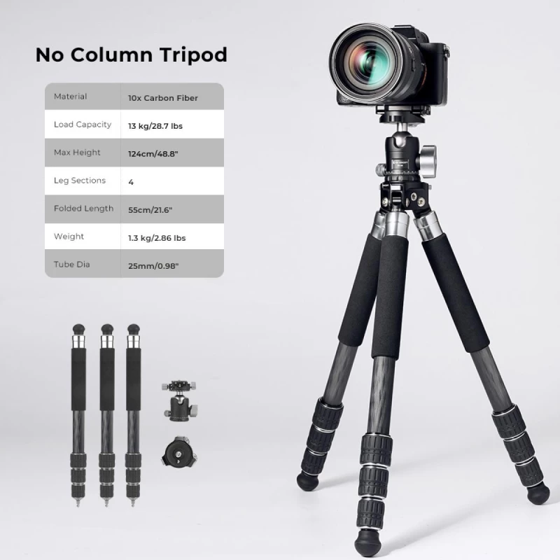 K&F Concept S254C2+BH30 Lightweight Carbon Fiber Tripod, Detachable Monopod, Mini Tripod (KF09.113)