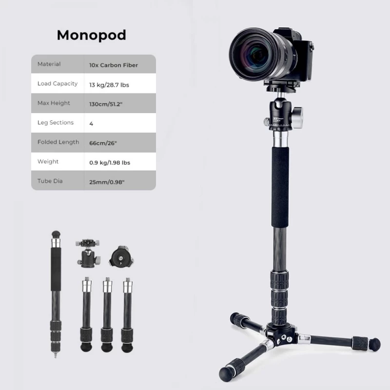 K&F Concept S254C2+BH30 Lightweight Carbon Fiber Tripod, Detachable Monopod, Mini Tripod (KF09.113)