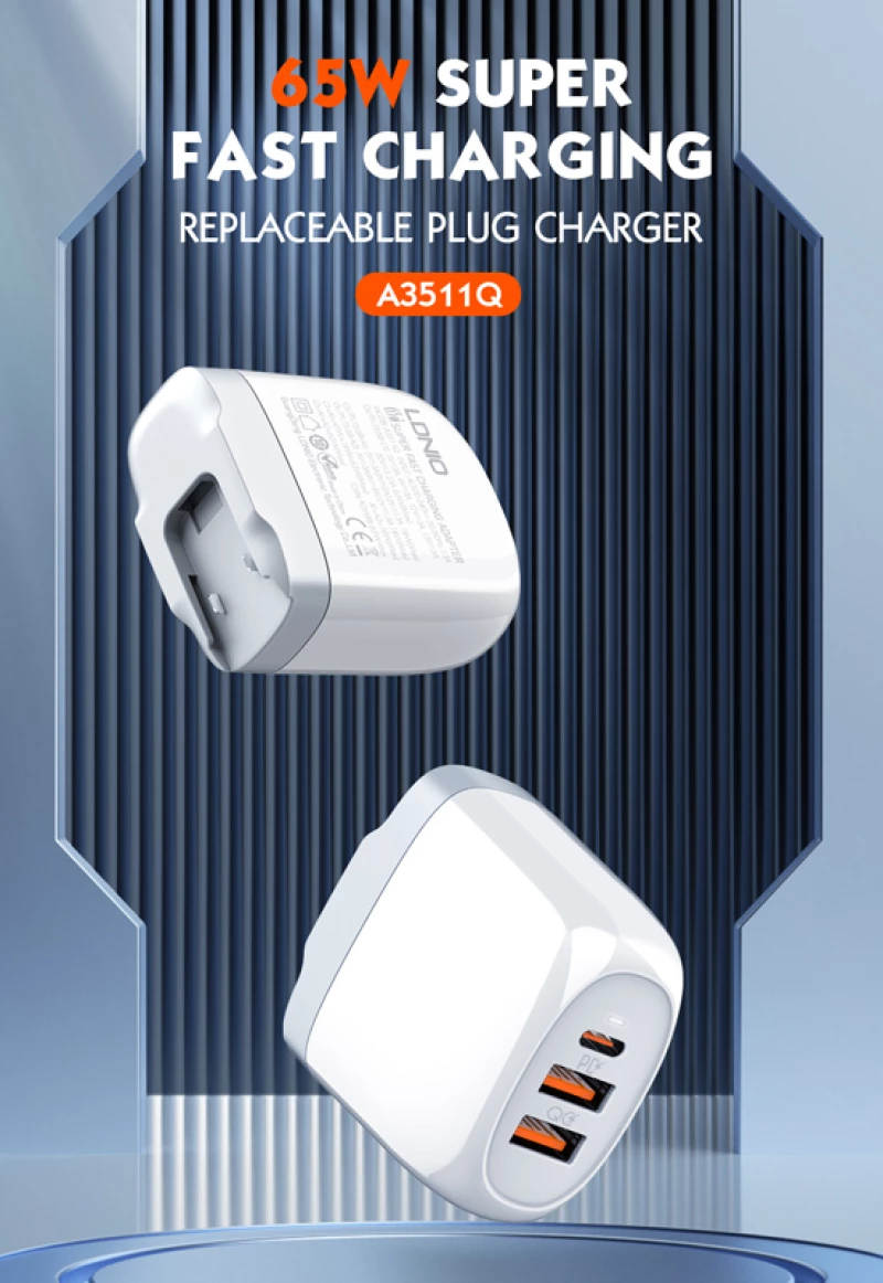 LDNIO φορτιστής τοίχου A3511Q με καλώδιο, USB-C/2x USB, 65W, GaN, λευκός