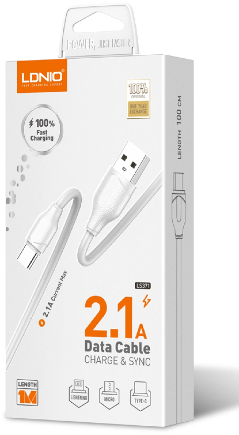 LDNIO καλώδιο USB-C σε USB LS371, 2.1A, 1m, λευκό