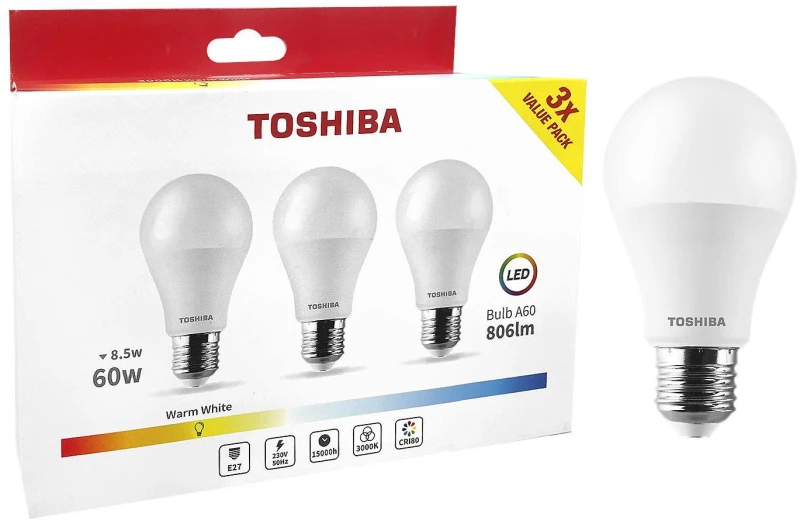 ΛΑΜΠΕΣ LED TOSHIBA ΣΕΤ=3 ΤΕΜ N_3PACK A60 E27 8,5W 3000K  TOSHIBA 00168871