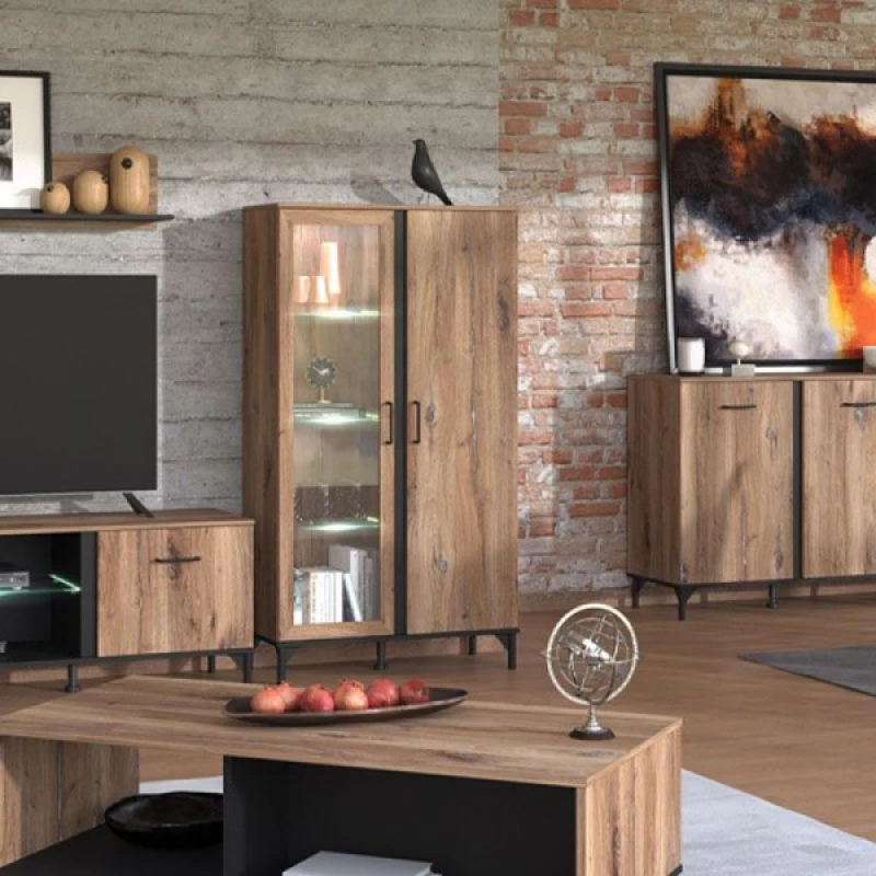 Βιτρίνα Corsica 2K Vs1 Flagstaff Oak-Μαυρο 84,5x35x153Εκ