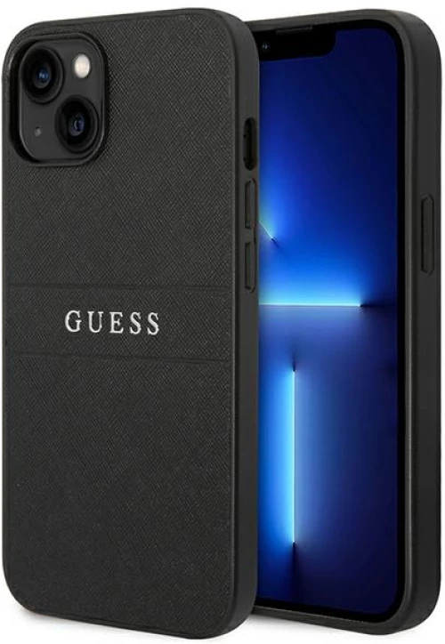 Guess Saffiano Metal Logo Stripes - Case for iPhone 14 Plus (Black)